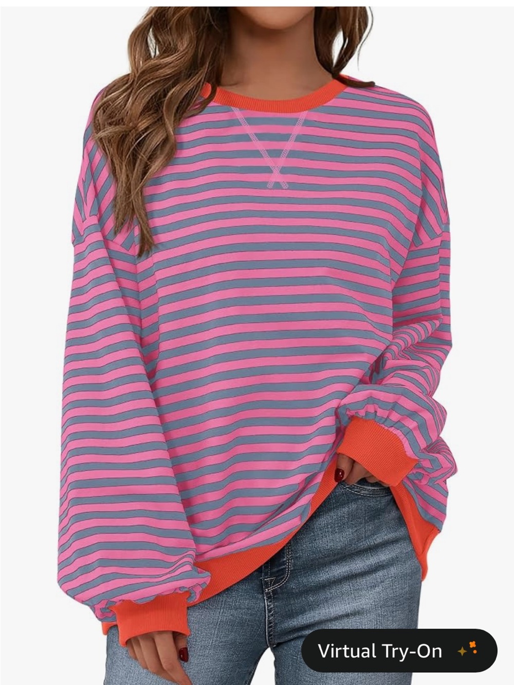 Oversized Pink & Gray Stripe Crewneck Sweatshirt with Orange Trim